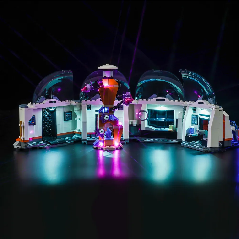 BrickBling LED light kit for LEGO Space Science Lab 60439 illuminating interior dome and workstation with modular micro-LEDs