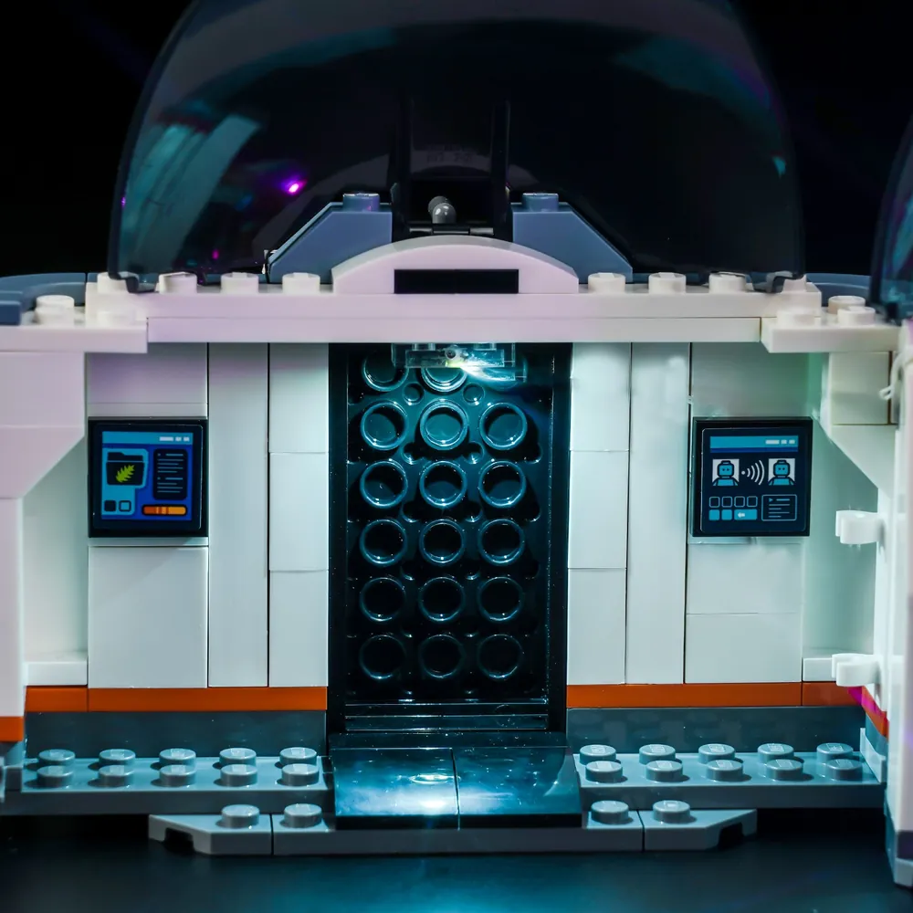 LEGO Space Science Lab 60439 with BrickBling lights highlighting alien plant and astronaut details