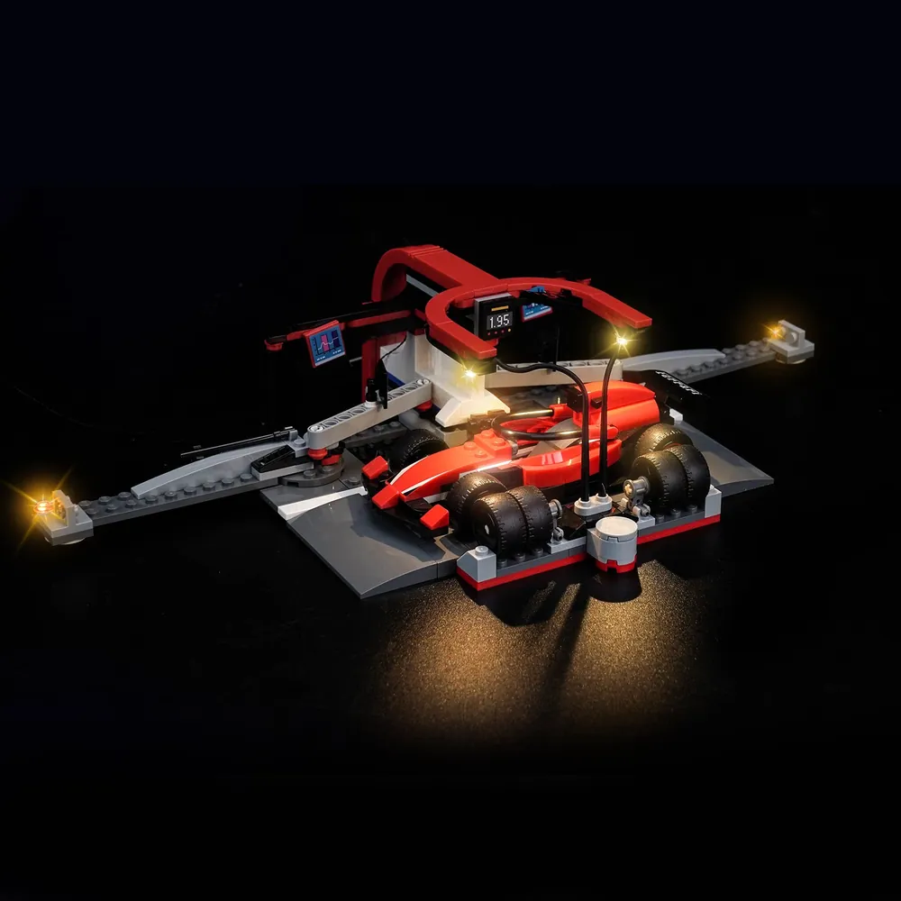 BrickBling LED kit for LEGO City F1 Pit Stop with Ferrari, illuminating pit crew and car
