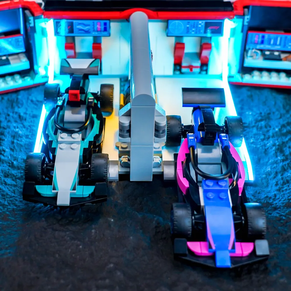 BrickBling light kit installed on LEGO F1 pit garage with modular wiring