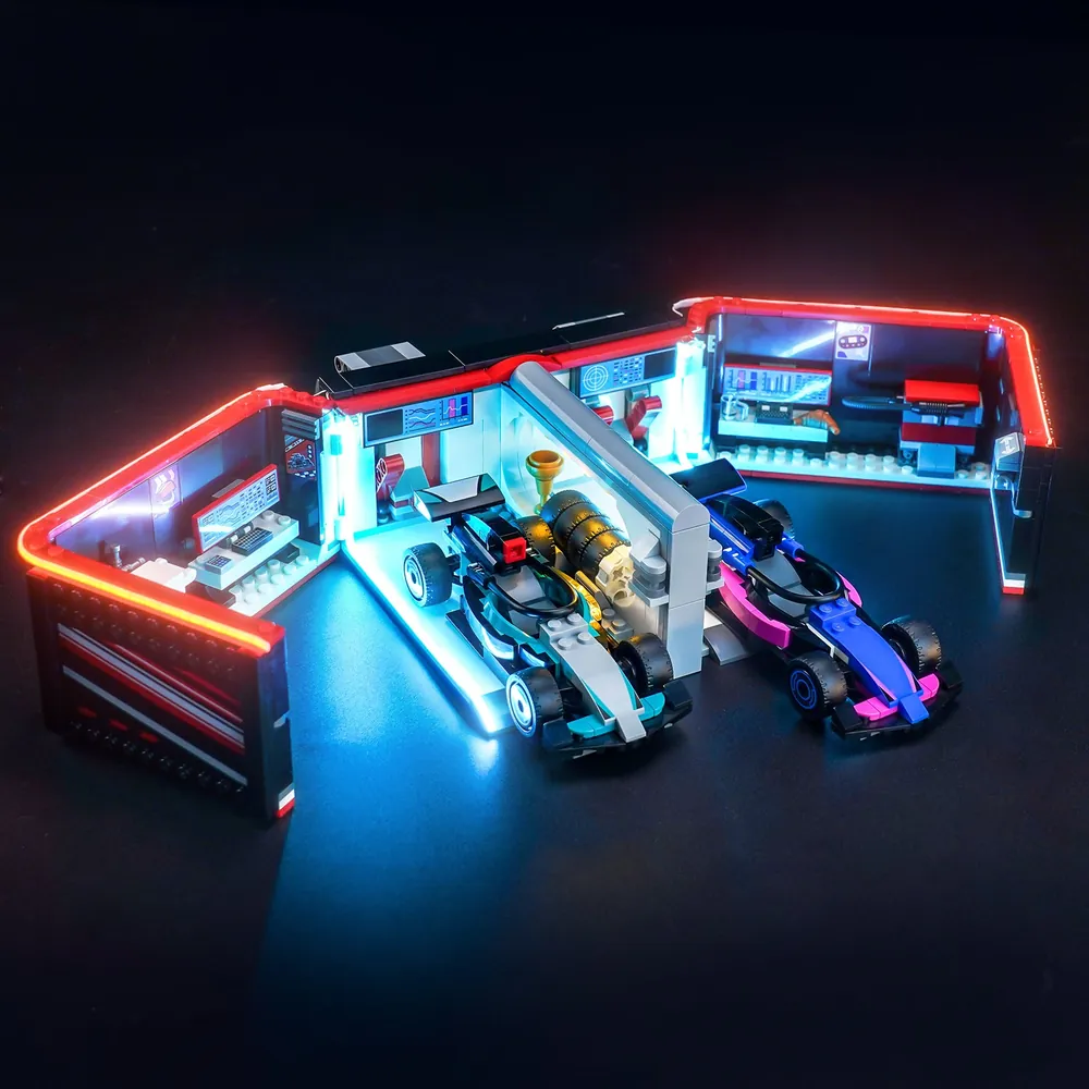 Close-up of BrickBling LED lighting on LEGO F1 car display