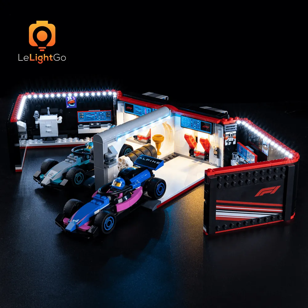 LeLightGo LED kit for LEGO F1 Garage 60444 with micro-LED lighting on cars