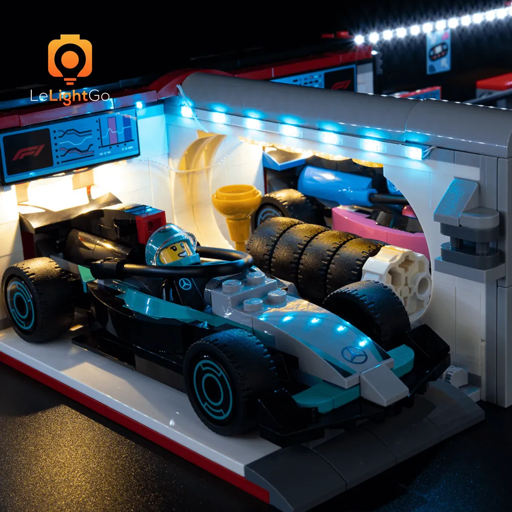 LEGO F1 garage and cars illuminated with LeLightGo budget lighting