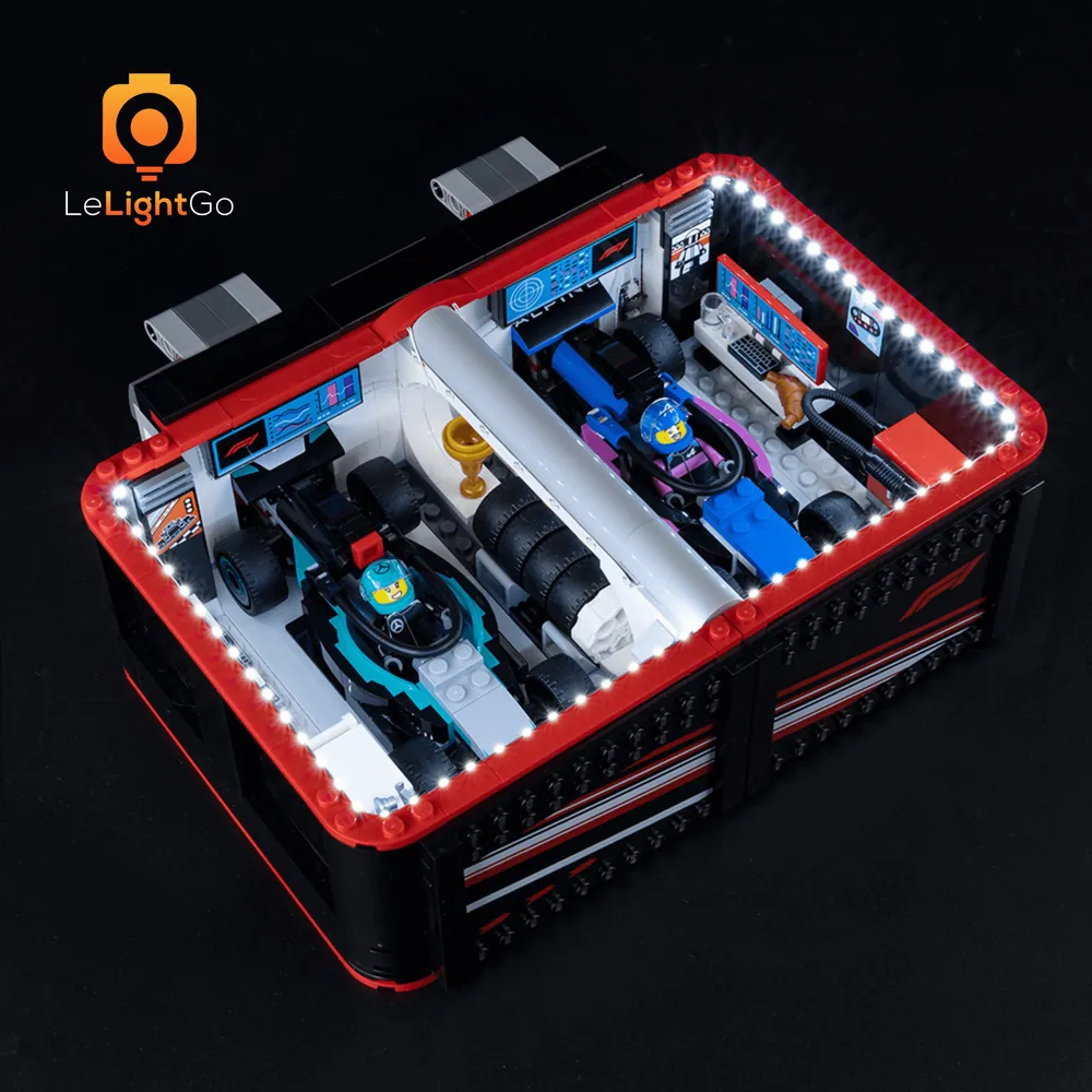 LeLightGo LED installation on LEGO F1 pit garage showing remote control