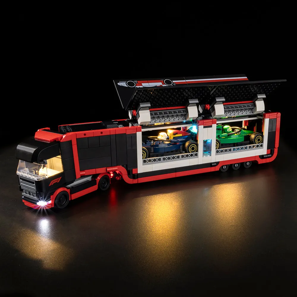 LEGO F1 Truck 60445 with Game of Bricks modular lighting kit illuminating both cars and transporter