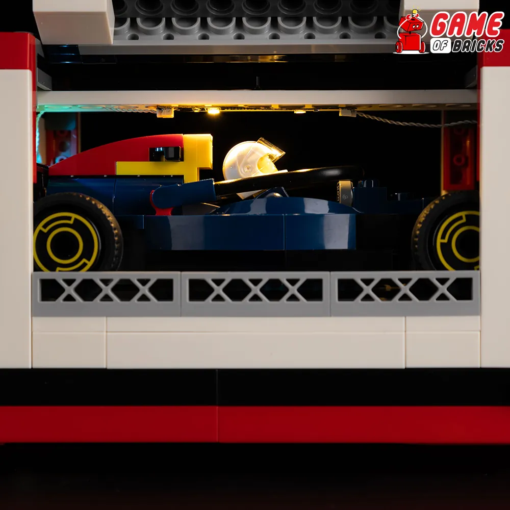 Close-up of modular expansion board connections on the LEGO F1 Truck 60445 lighting setup