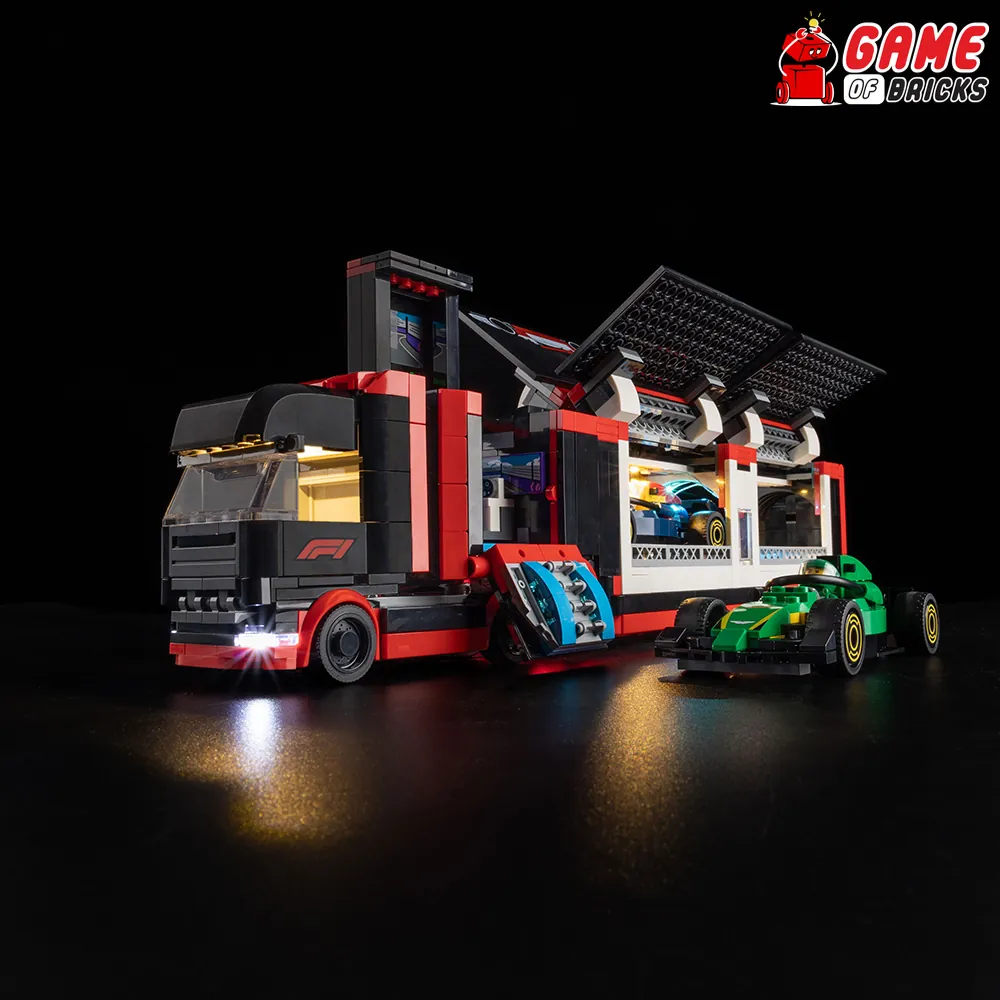 LEGO F1 Truck 60445 pit area lit by Game of Bricks LED kit showcasing Red Bull RB20 and Aston Martin AMR24