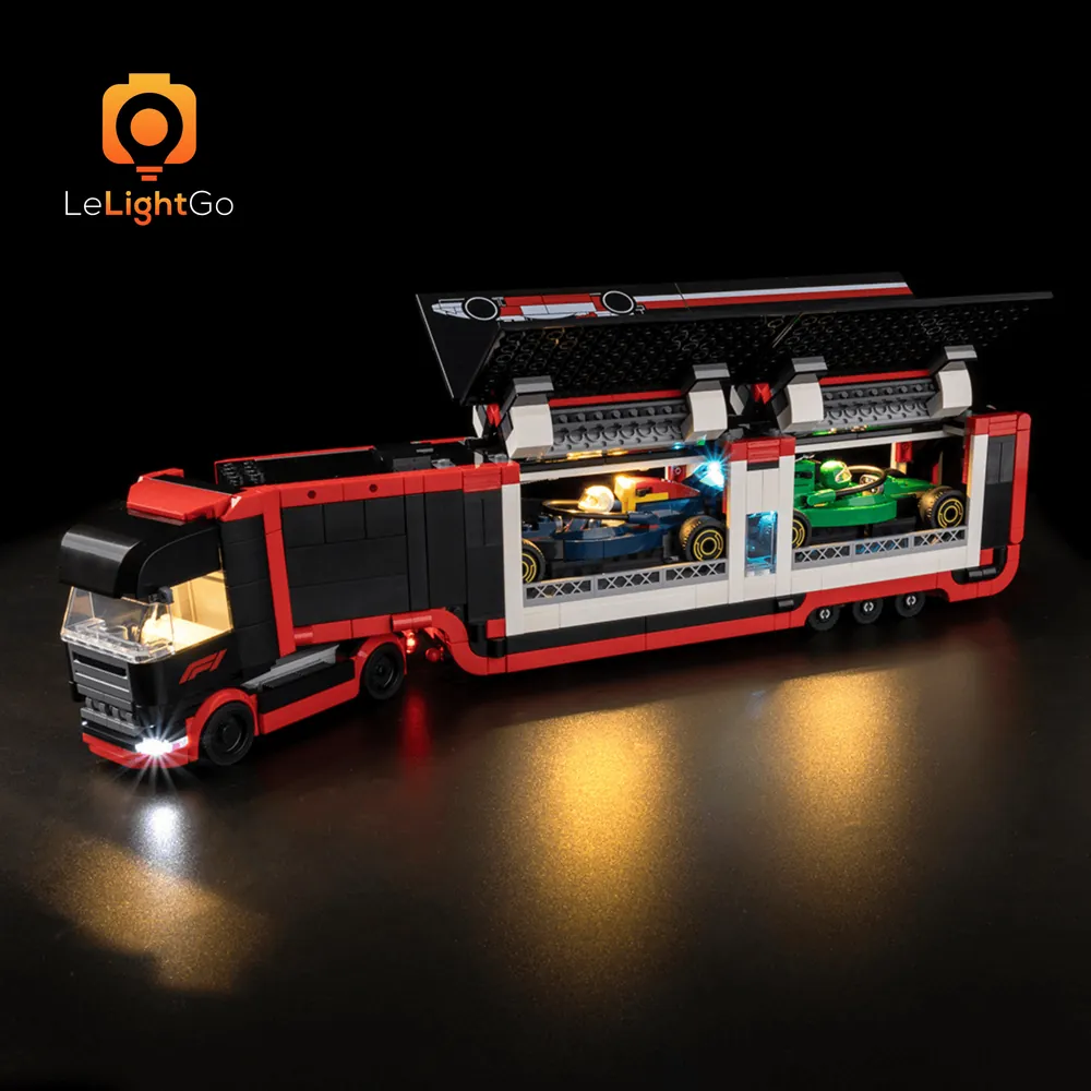 LEGO F1 Truck 60445 with LeLightGo micro-LED lighting kit showcasing glowing tail lights and cockpit
