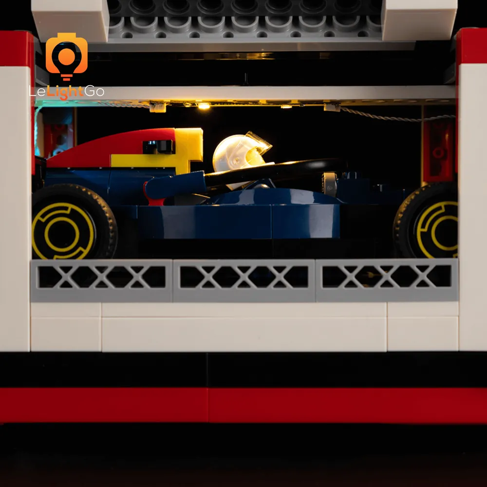 Close-up of micro-LED wiring on the LEGO F1 Truck 60445 lighting setup