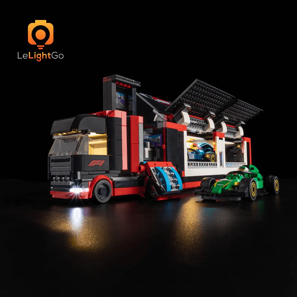 LEGO F1 Truck 60445 with LeLightGo kit illuminating the unfolded pit area