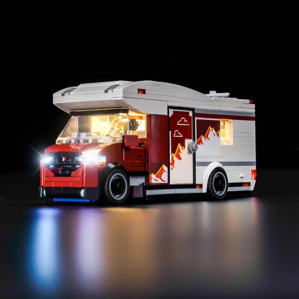BrickBling LED kit lighting up the LEGO Holiday Adventure Camper Van 60454 interior with warm white glow