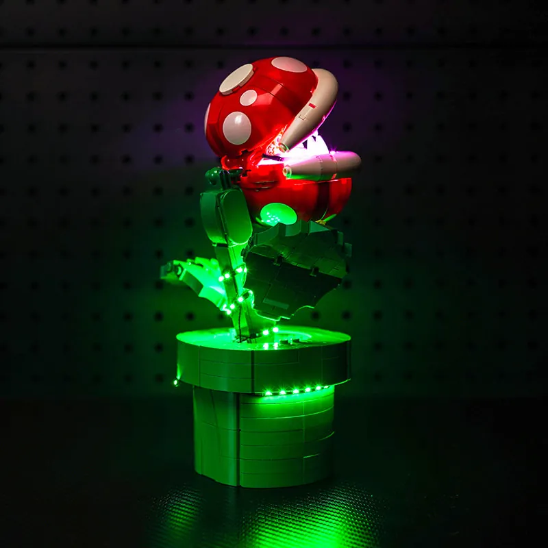 Piranha Plant LEGO set with BrickBling kit, showing the glowing effect on the red spots and stem
