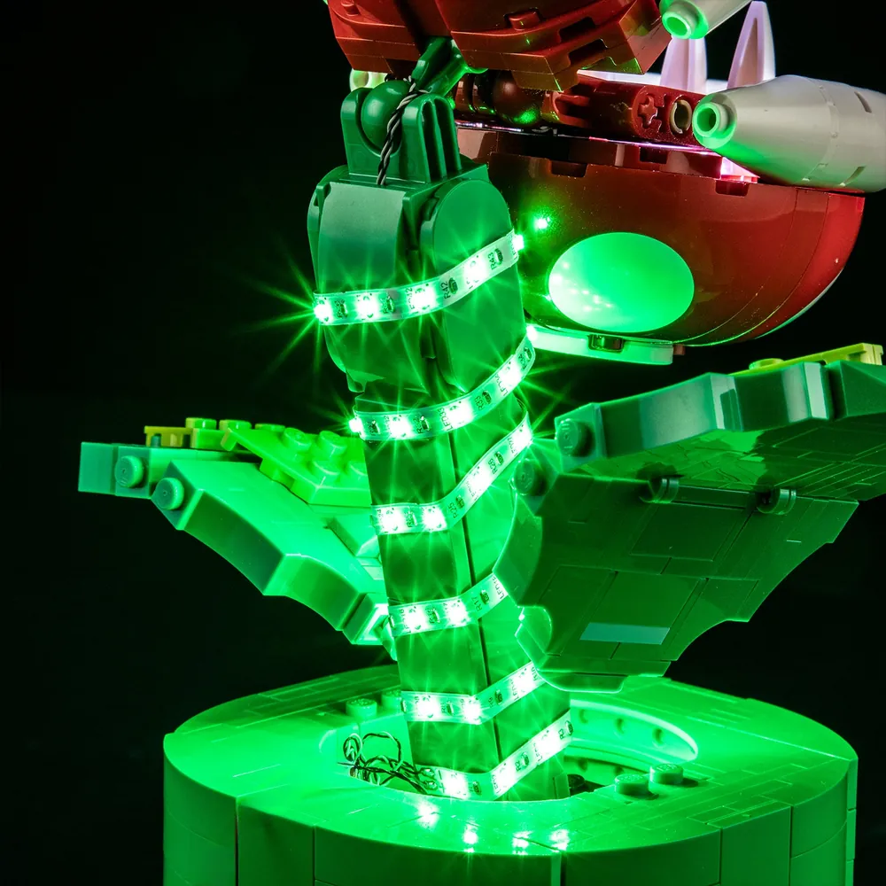 Piranha Plant LEGO set with Briksmax lighting, highlighting the glowing stem and head