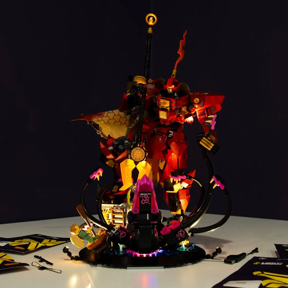 LEGO Fire Knight Mech 71846 lit with LightMyBricks kit showing head and torso glow