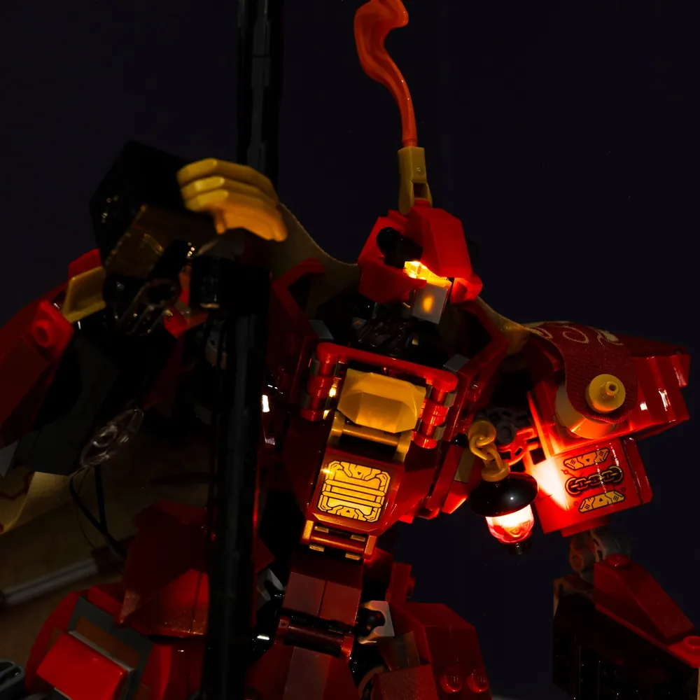 LEGO Fire Knight Mech 71846 lit with LightMyBricks kit highlighting weapon fire elements