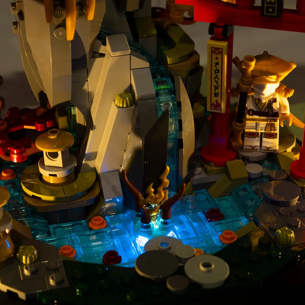 Close-up of modular micro-wire connections on LEGO Guardian Dragon 71847 with light kit