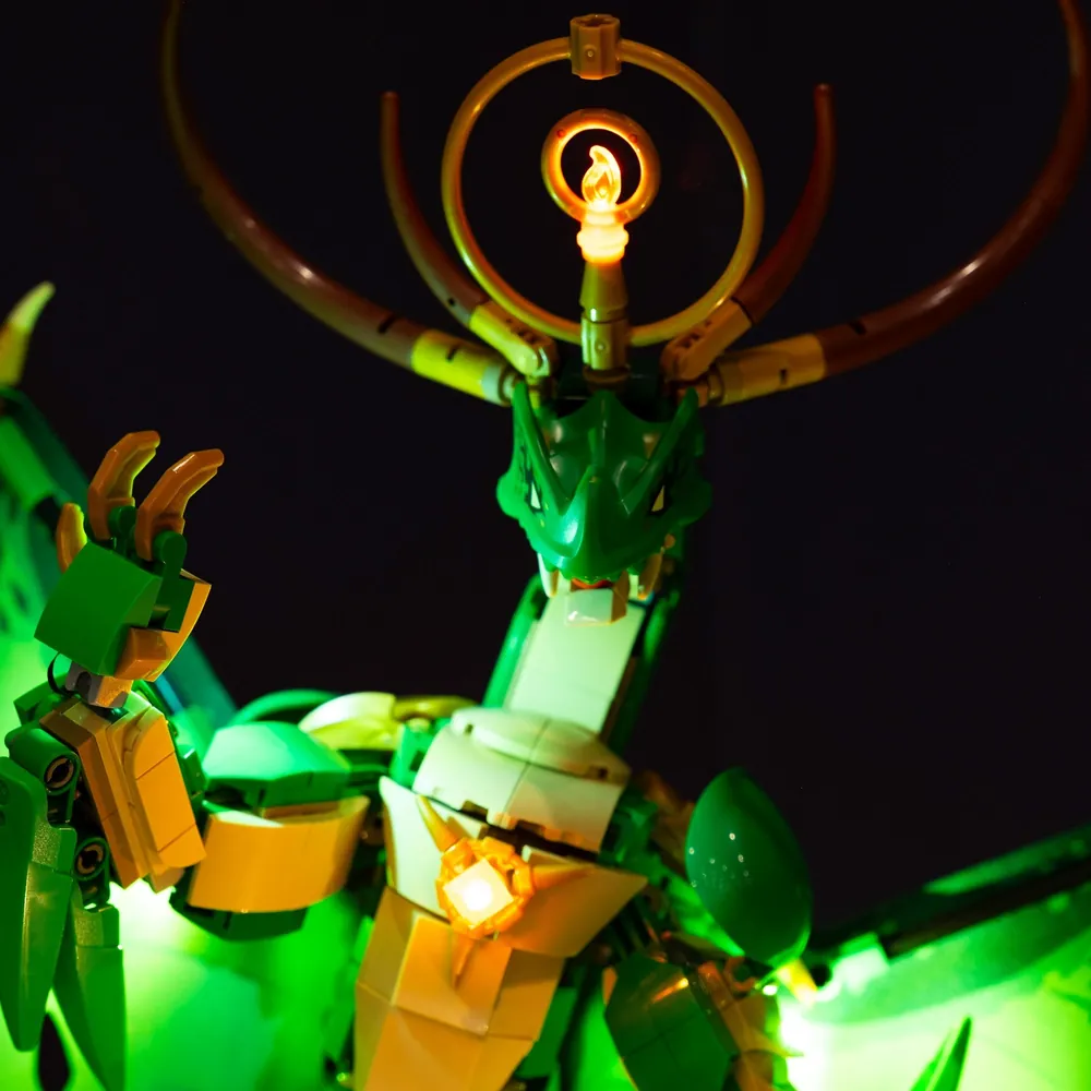LEGO Ninjago The Guardian Dragon 71847 display with LED lights from Light My Bricks at night