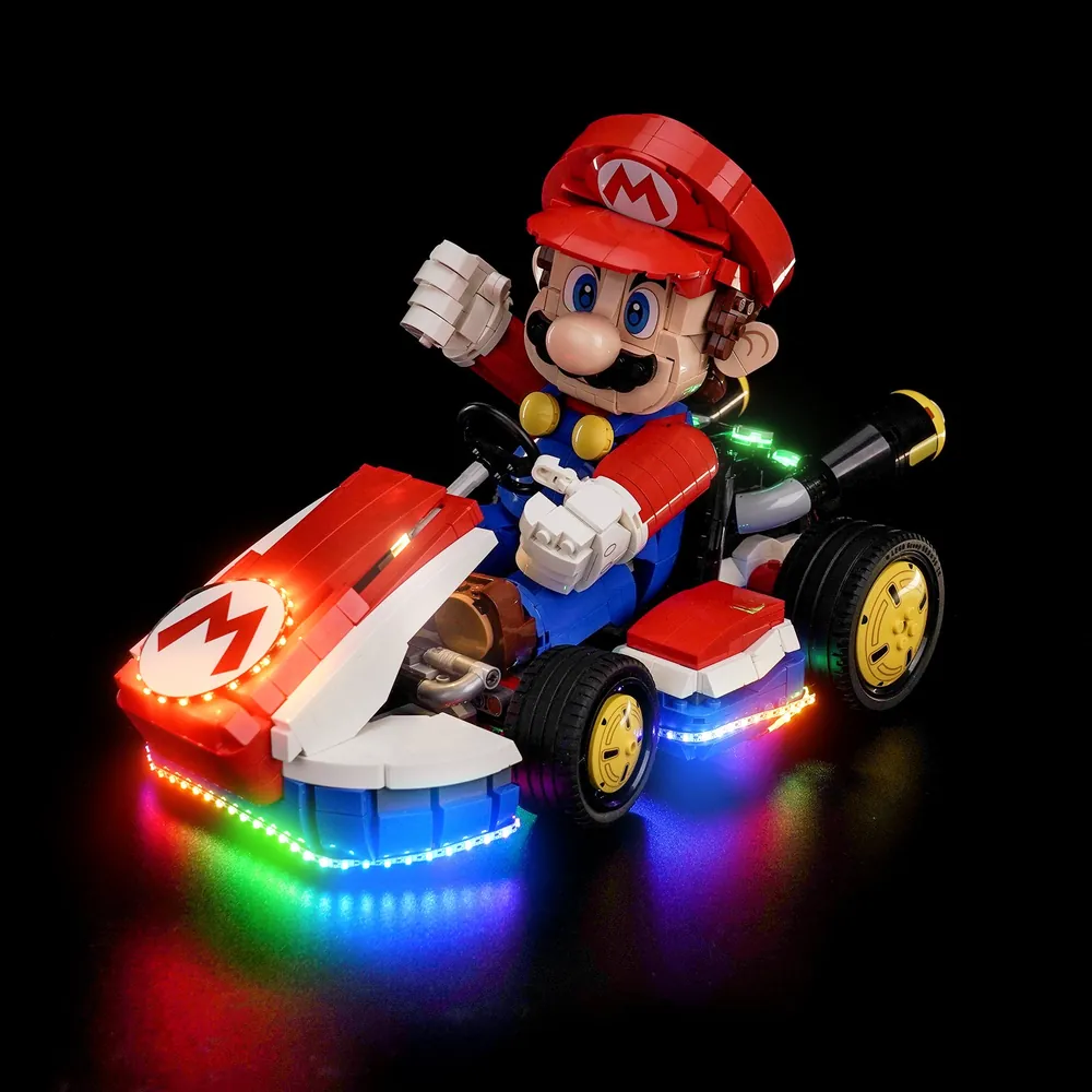 BrickBling modular LED kit for LEGO Mario Kart 72037 illuminating the front M emblem and engine