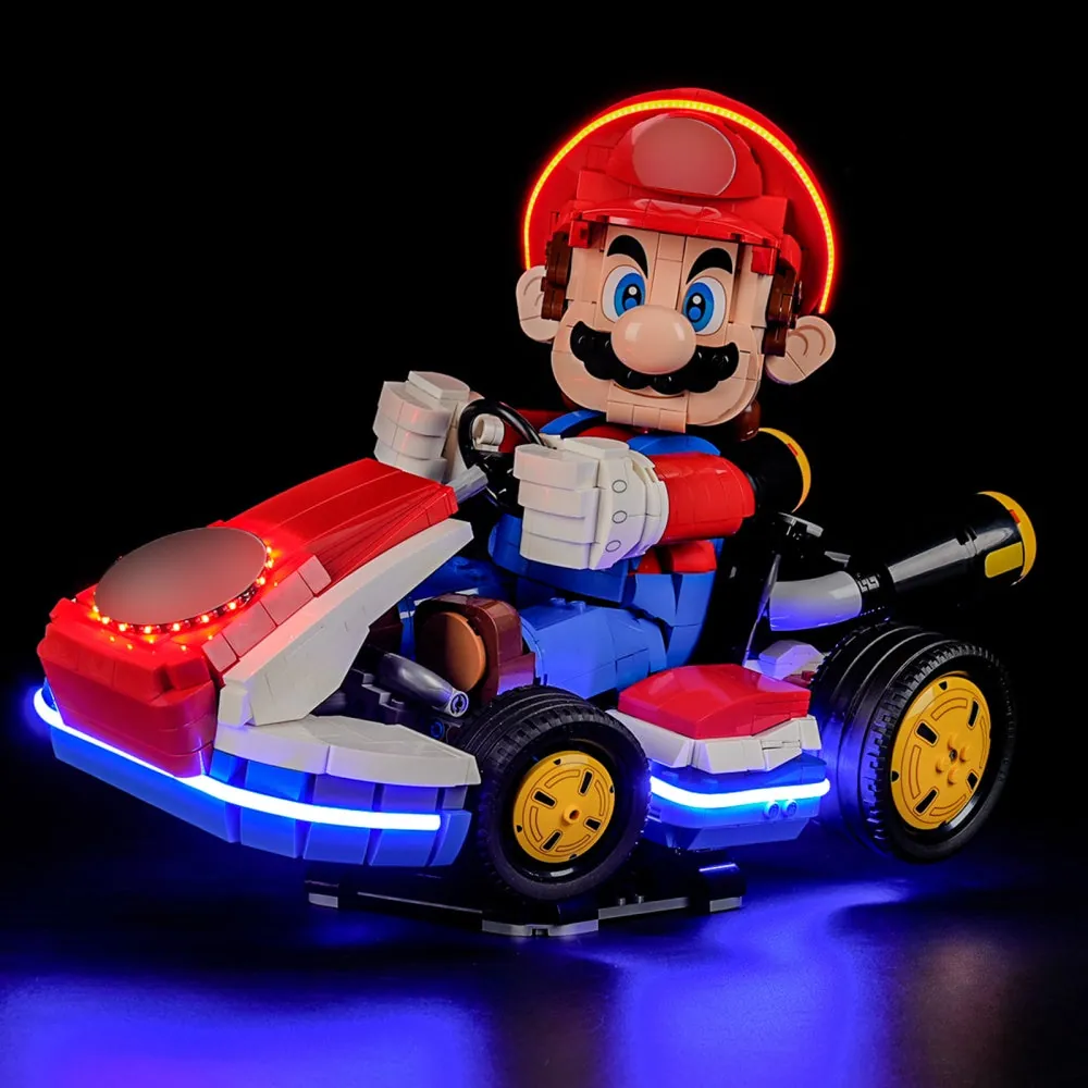 Lightailing pre-soldered LED harness on LEGO Mario Kart 72037 lighting the front and engine
