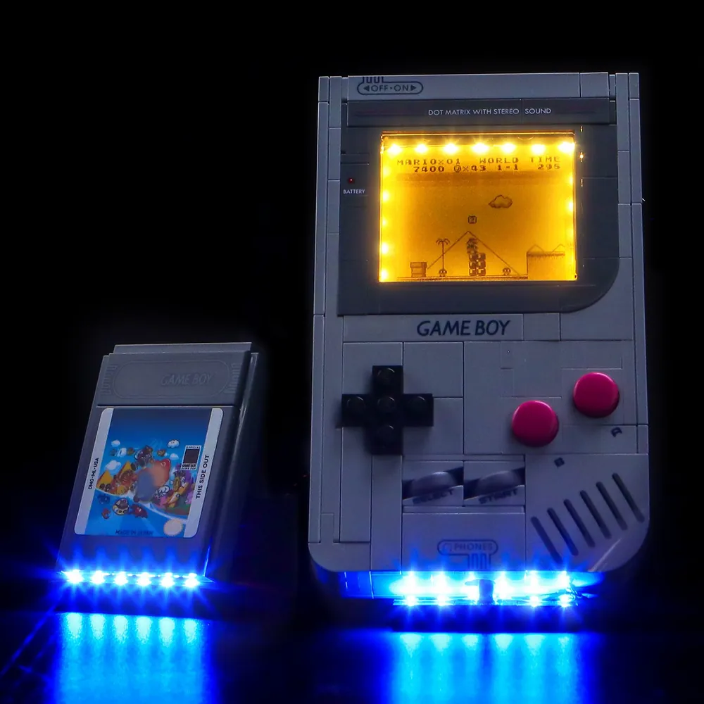 LEGO Game Boy 72046 with BrickBling LED light kit showing illuminated screen and controls