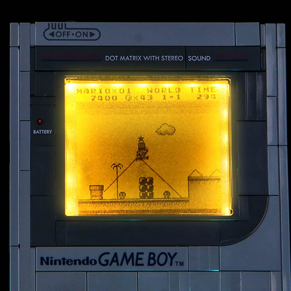 Close-up of BrickBling modular micro-LEDs on LEGO Game Boy set 72046