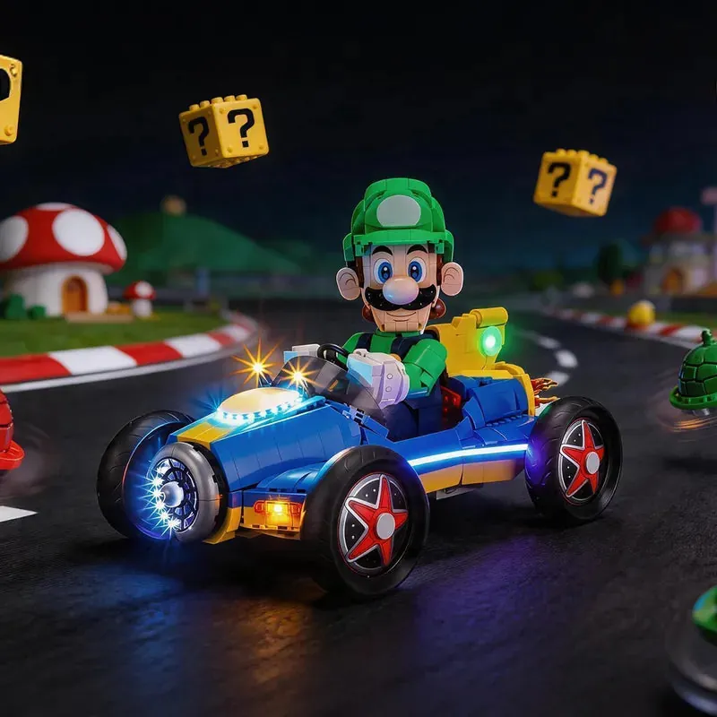 Lightailing LED kit for LEGO Luigi & Mach 8 with pre-soldered harness illuminating the entire kart