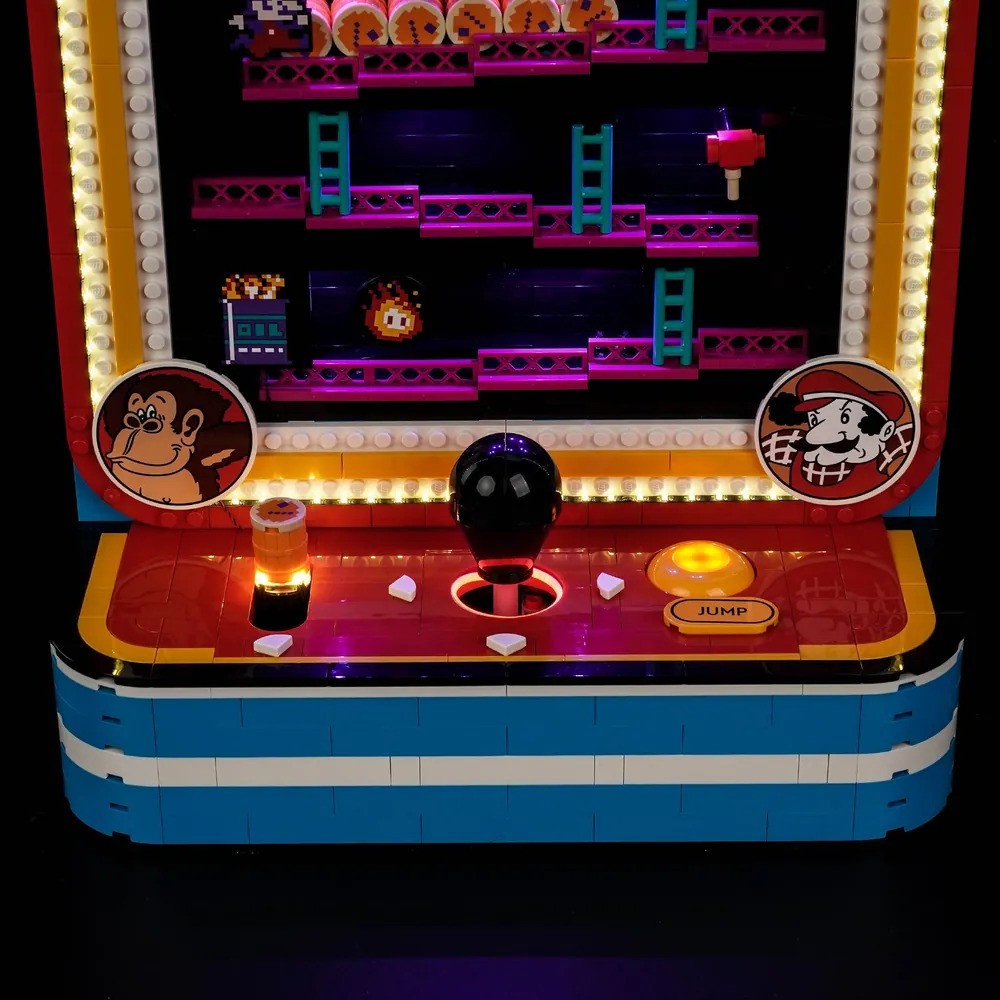 Close-up of BrickBling modular micro-LEDs on LEGO Donkey Kong Arcade 72051