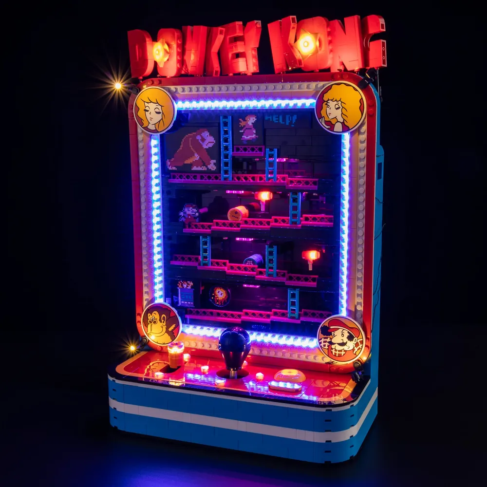 Game of Bricks LED kit for LEGO Donkey Kong Arcade 72051, Classic version, illuminating the playfield