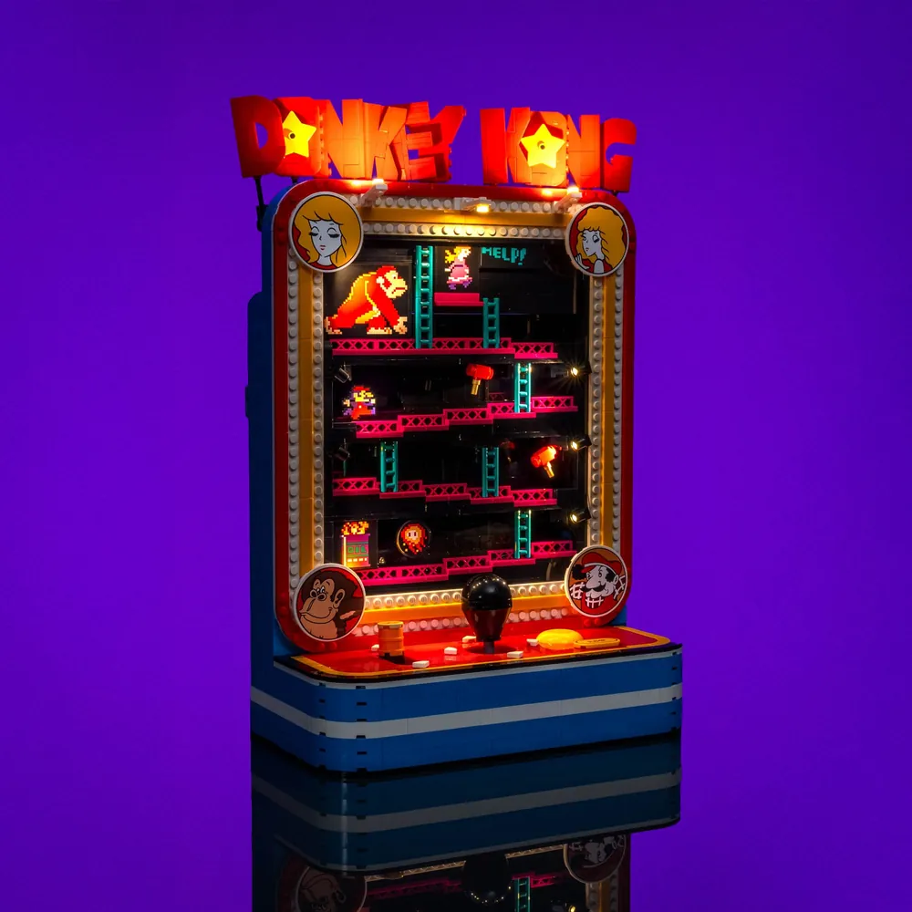 Light My Bricks LED kit for LEGO Donkey Kong Arcade 72051, illuminating the screen and cabinet