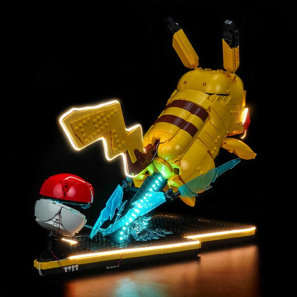 Modular micro-LED wiring of BrickBling kit on LEGO Pikachu and Poké Ball display