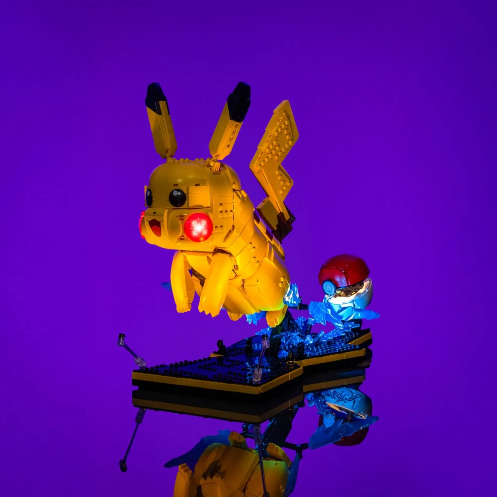 LightMyBricks LED kit for LEGO Pikachu and Poké Ball 72152 illuminating the full display
