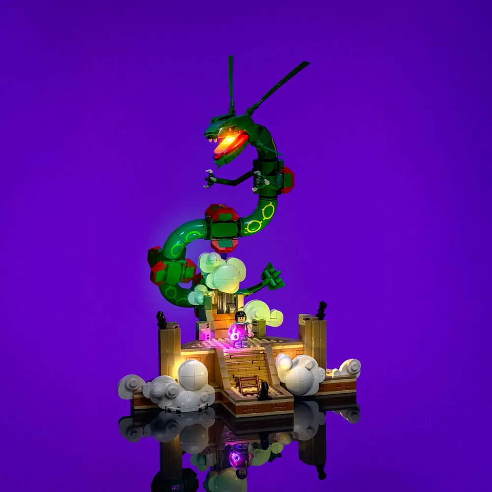 LEGO Rayquaza 72168 with LightMyBricks LED lighting kit illuminating the green serpent and shrine