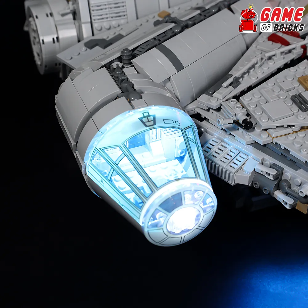 Brightly lit LEGO Millennium Falcon 75192 displaying Game of Bricks LED setup