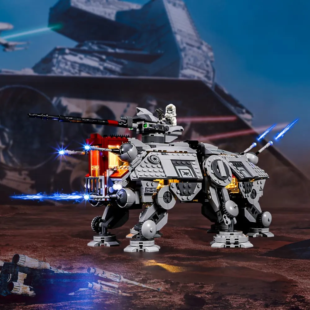 LEGO AT-TE Walker 75337 with Briksmax lighting kit glowing cockpit and cannons
