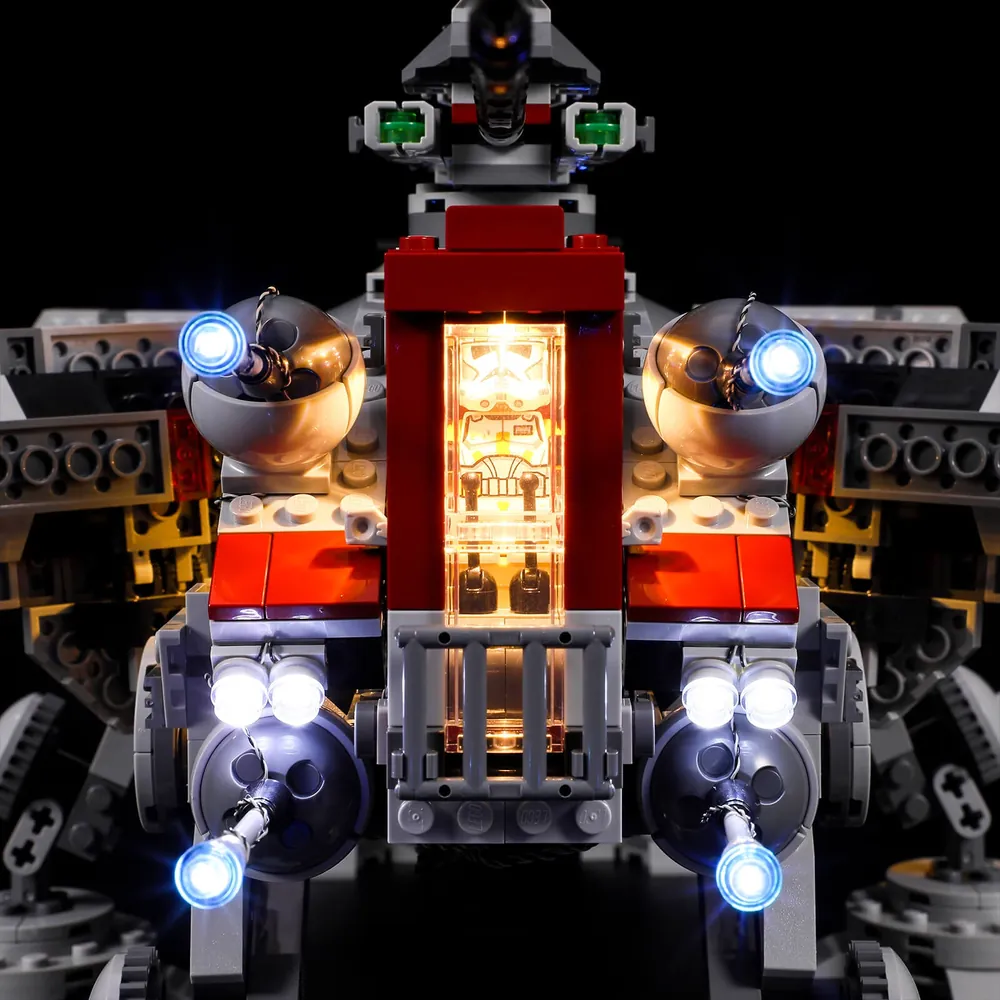 Close-up of illuminated AT-TE Walker interior with clone troopers and lights