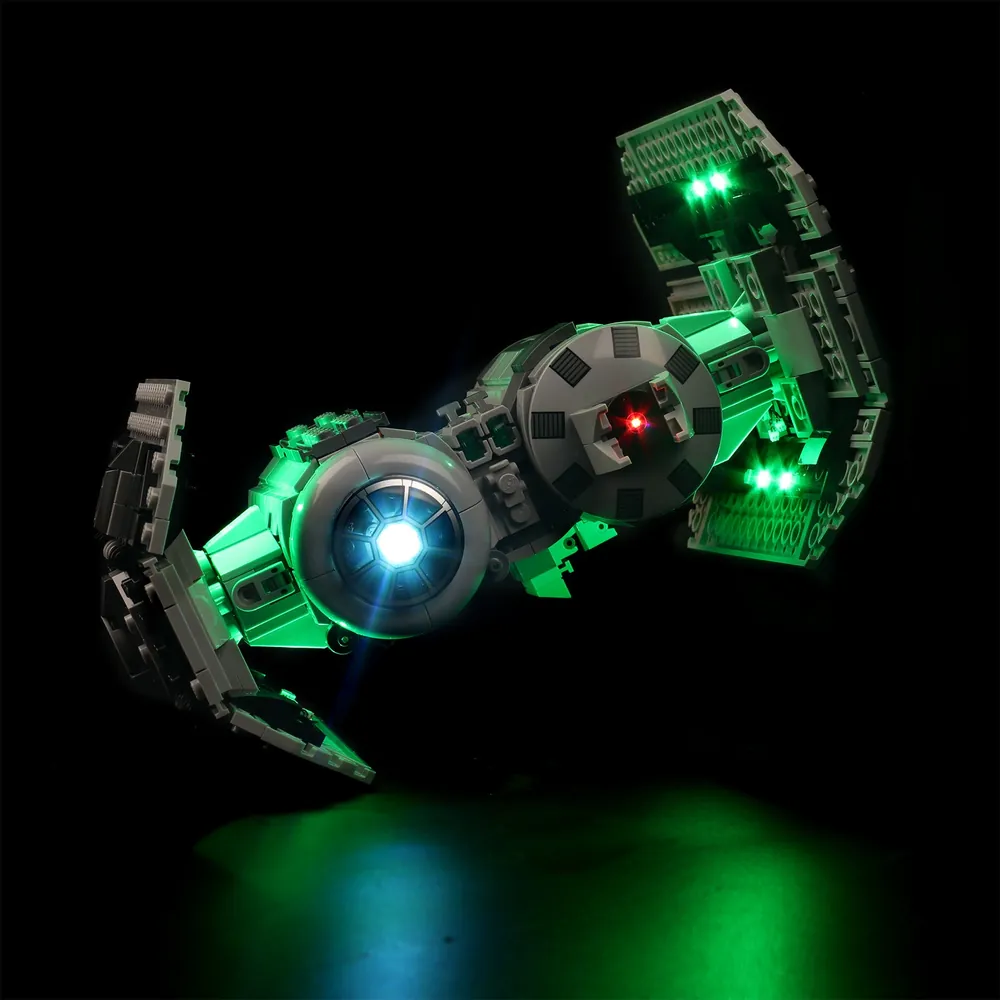 BrickBling light kit installed on LEGO TIE Bomber 75347 showing illuminated cockpit and cannon tips