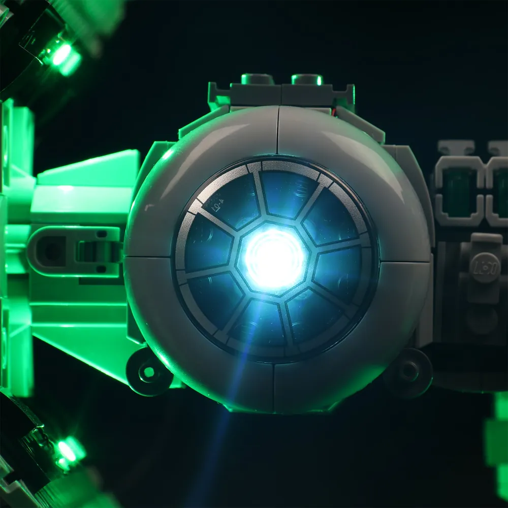 Close-up of the modular micro-LED wiring on the LEGO TIE Bomber set