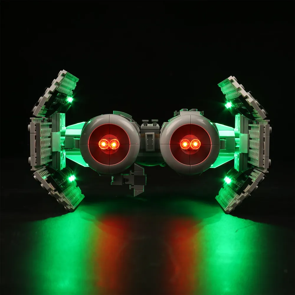 LEGO TIE Bomber 75347 on display with BrickBling lights turned on in a dark room
