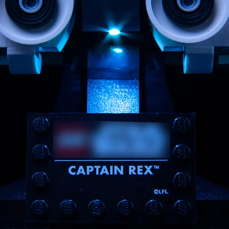 BrickBling light kit installed on LEGO Captain Rex Helmet display