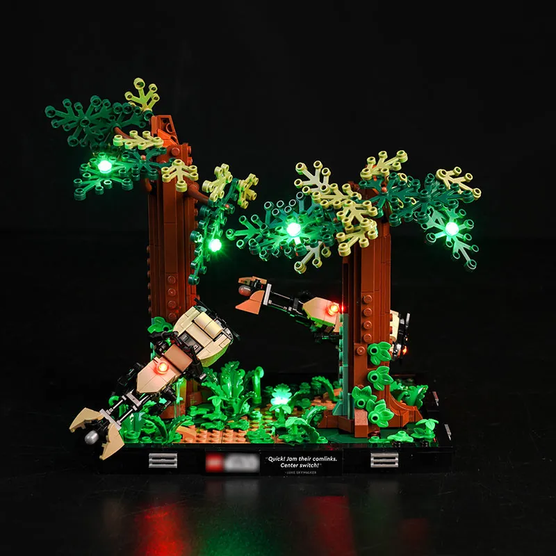 BrickBling light kit illuminating LEGO Endor Speeder Chase Diorama 75353 with subtle LED details