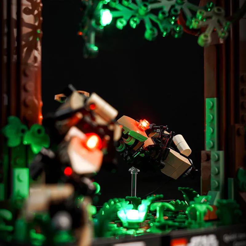 LEGO Endor diorama with BrickBling lights enhancing forest scene