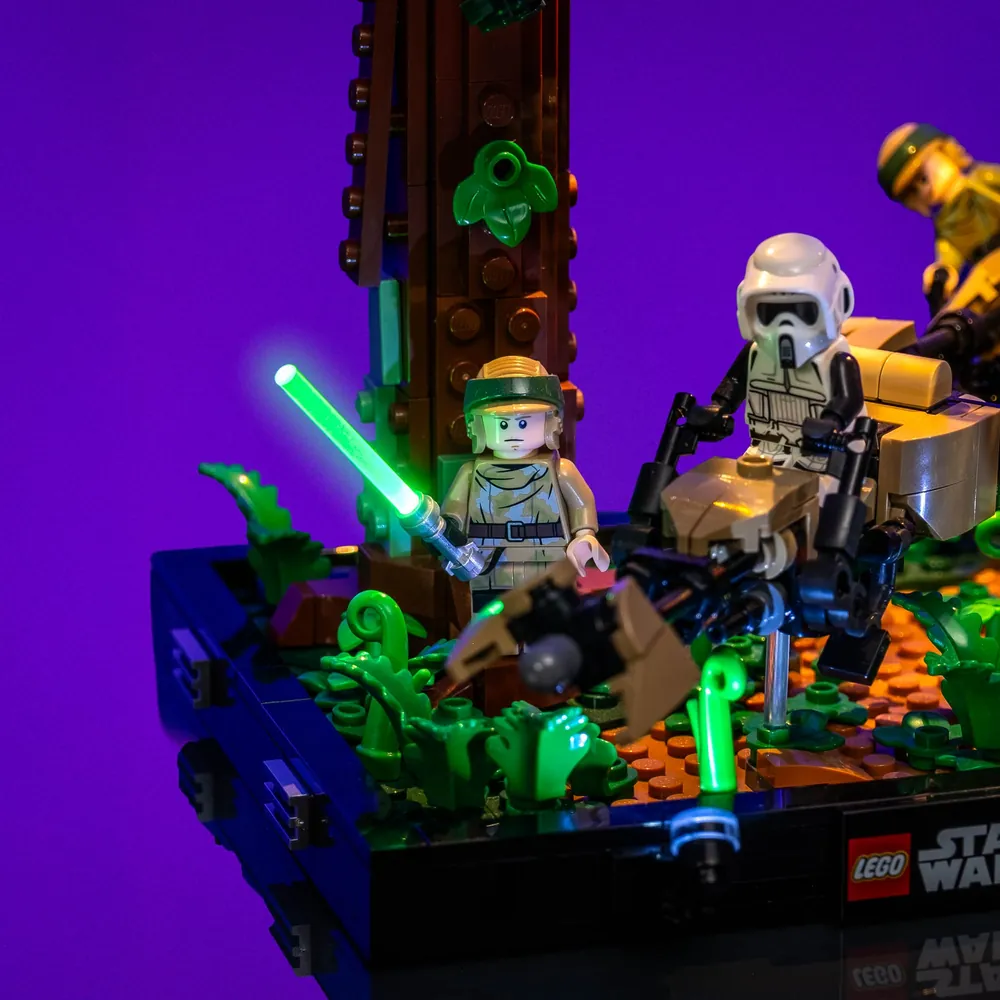 LightMyBricks lights highlighting speeder and trees in LEGO diorama
