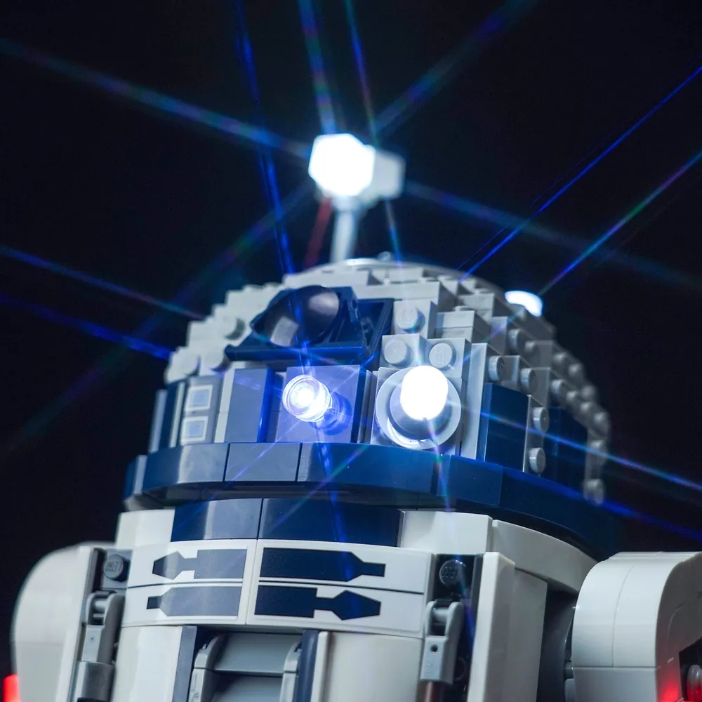 Close-up of BrickBling modular micro-LEDs illuminating R2-D2's dome and sensors