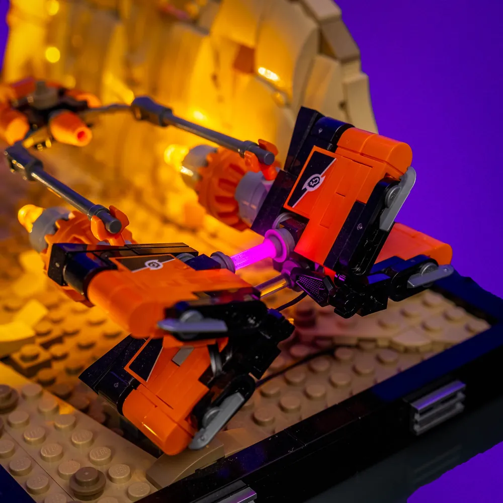LightMyBricks LEDs on LEGO 75380 Mos Espa scene