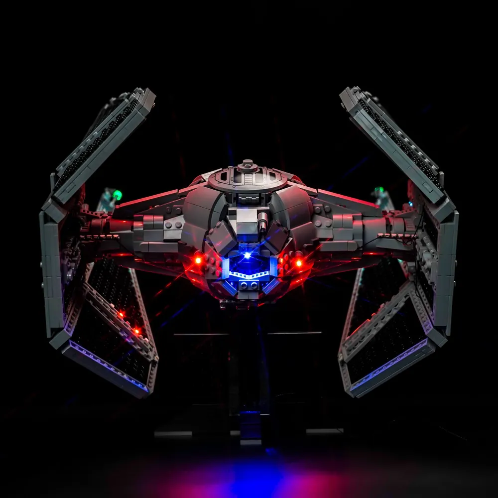 LEGO TIE Interceptor with BrickBling lights in dark room