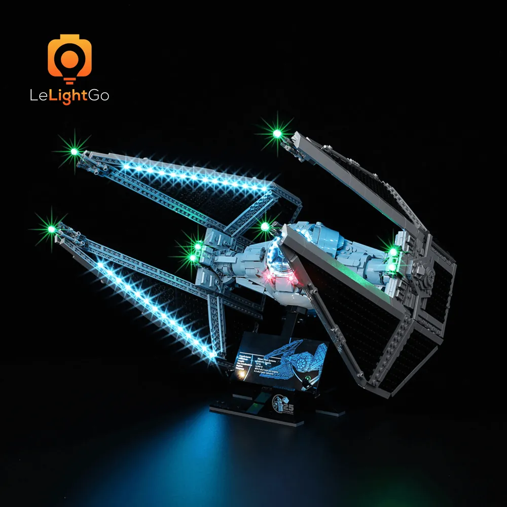 LEGO TIE Interceptor with LeLightGo lights in display case