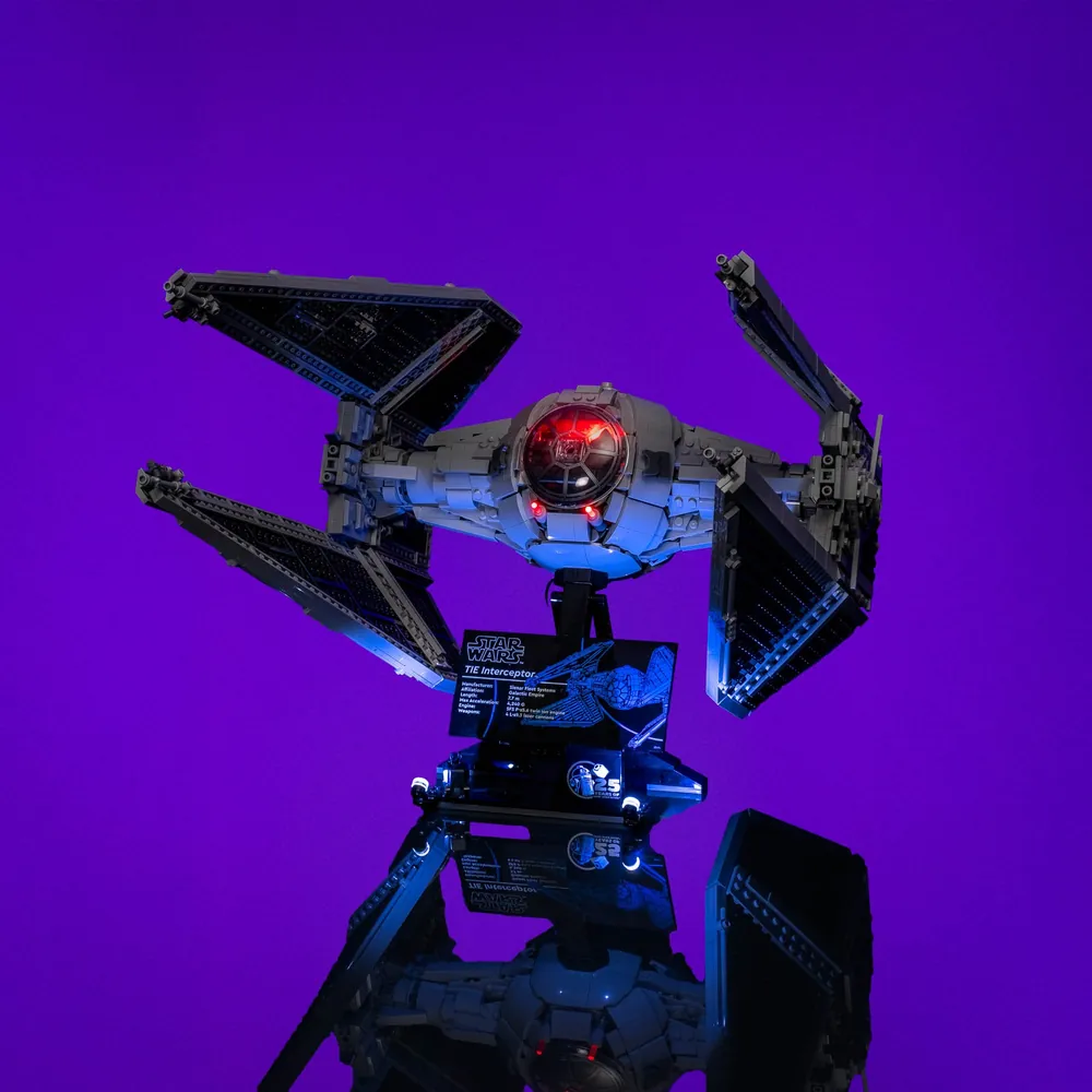 Light kit for LEGO Star Wars TIE Interceptor 75382 illuminating the engine and cockpit