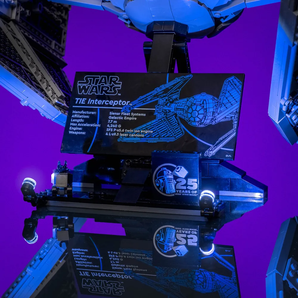 LEGO TIE Interceptor with lights on display shelf