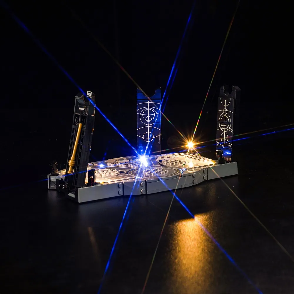 Display of LEGO 75385 with BrickBling LED lighting installed, highlighting the duel scene