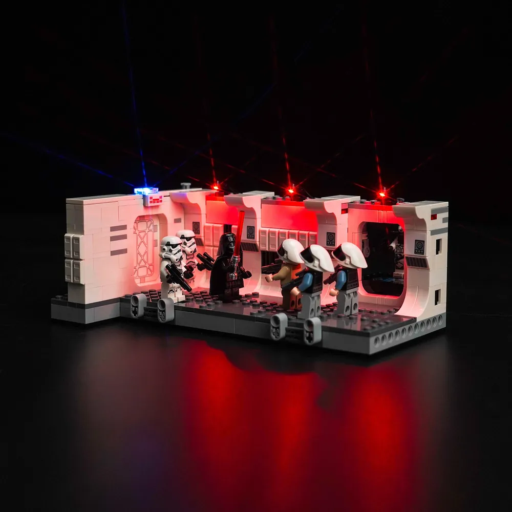 BrickBling LED kit for LEGO Star Wars 75387 illuminating the Tantive IV corridor with micro LEDs